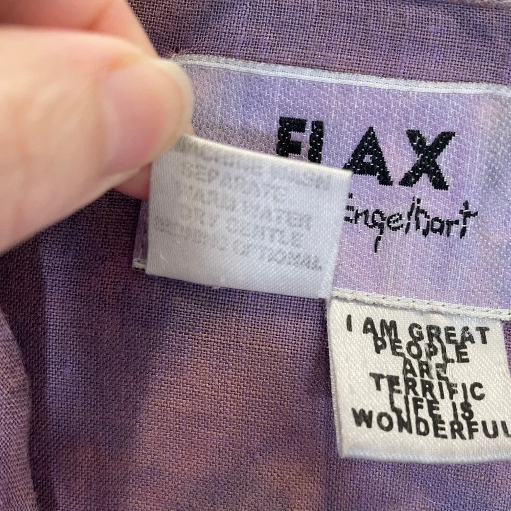 FLAX‎ Tie Dye 100% Linen Maxi Dress Purple Lagenlook Short Sleeve Shawl Collar L - Picture 4 of 5